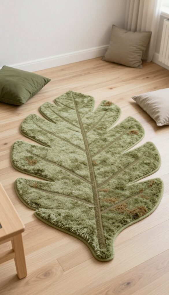 Children's bedroom with a large leaf-shaped rug in earthy tones on hardwood floor, surrounded by floor cushions, bright natural light, forest-themed decor.