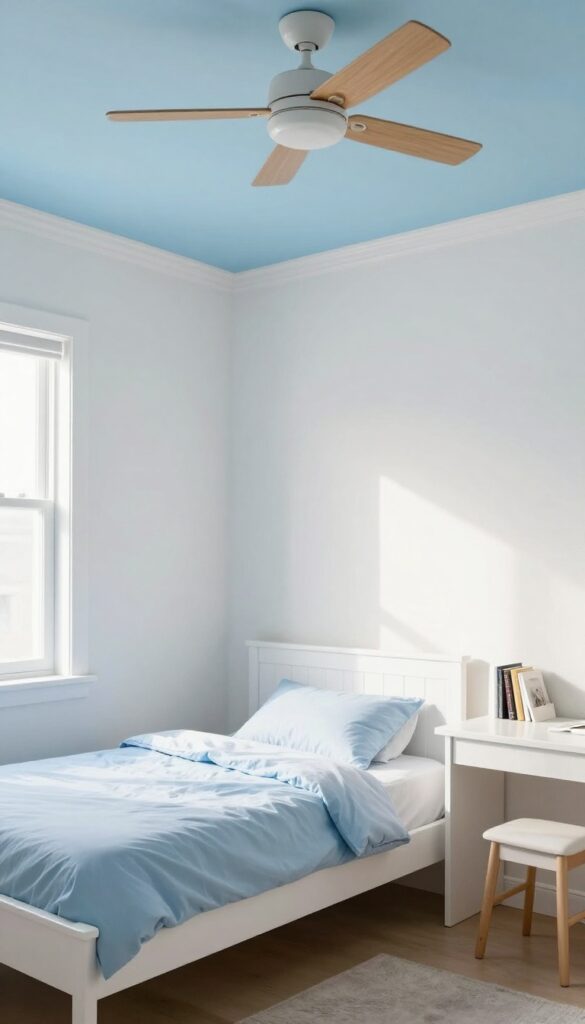 Small boy's bedroom with soft sky blue ceiling, white walls, and natural light, creating an airy and spacious feel.