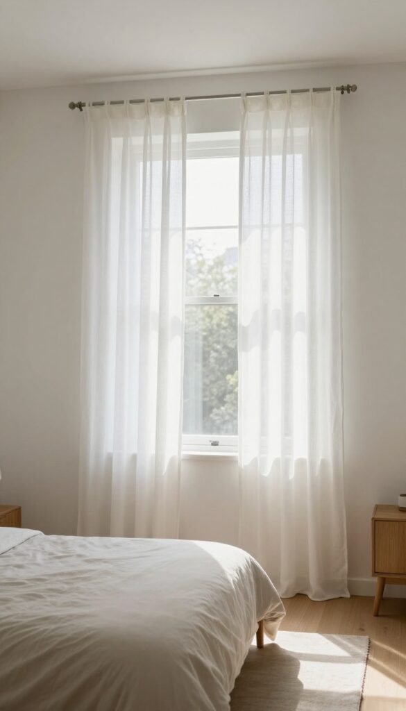 Small bedroom with curtains hung high and wide, creating the illusion of taller walls and a larger window, airy and calm.