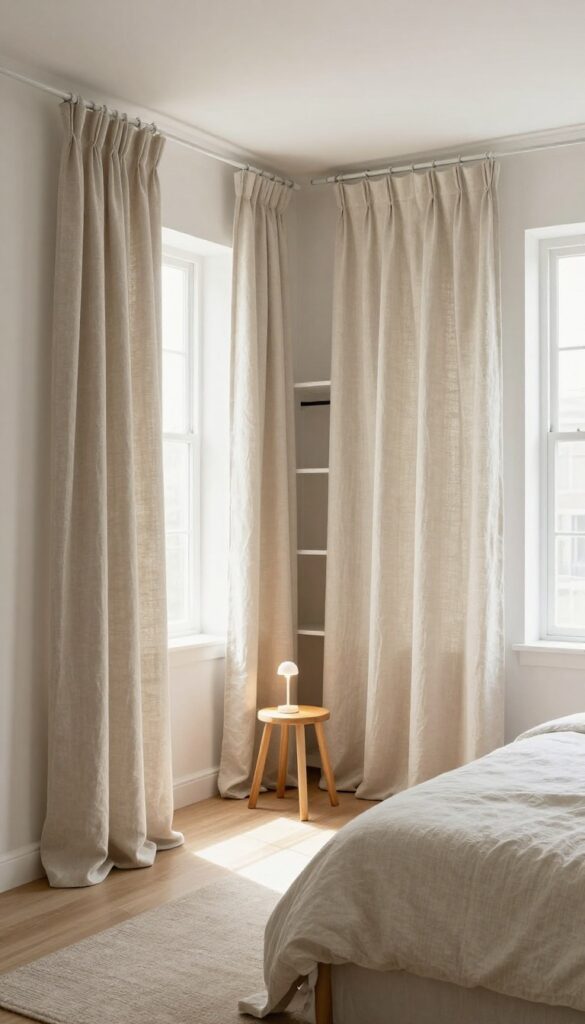 Small bedroom with a mini dressing area created by a curtain, hiding a clothing rack, mirror, and stool in a corner nook.