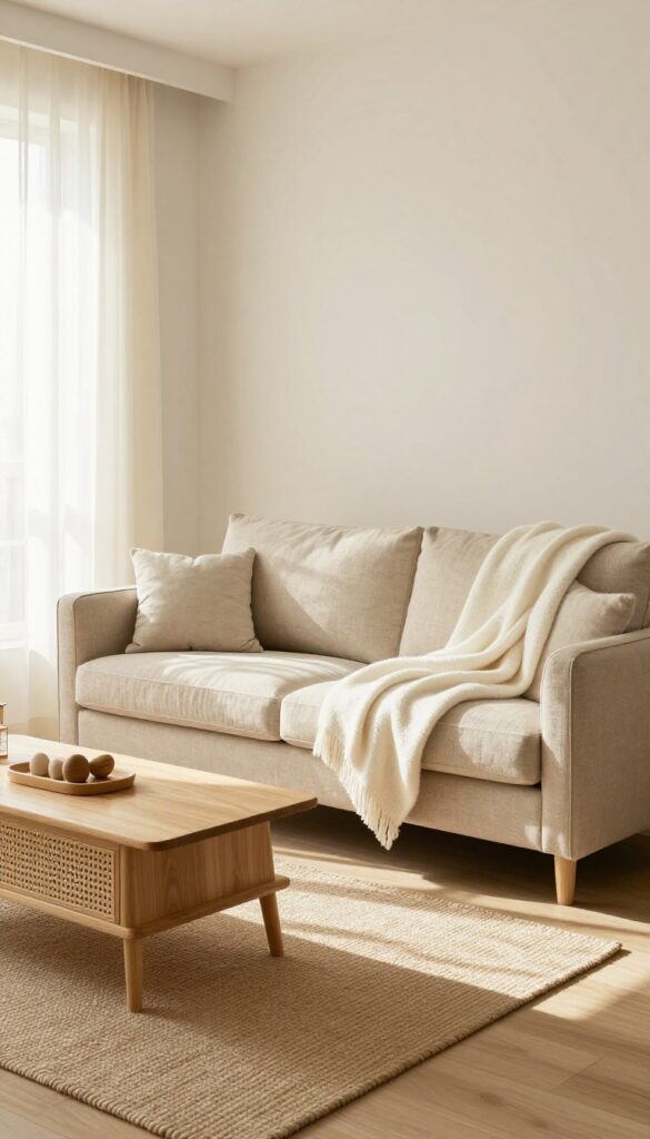 Cozy boho living room with neutral base, linen sofa, jute rug, and natural light