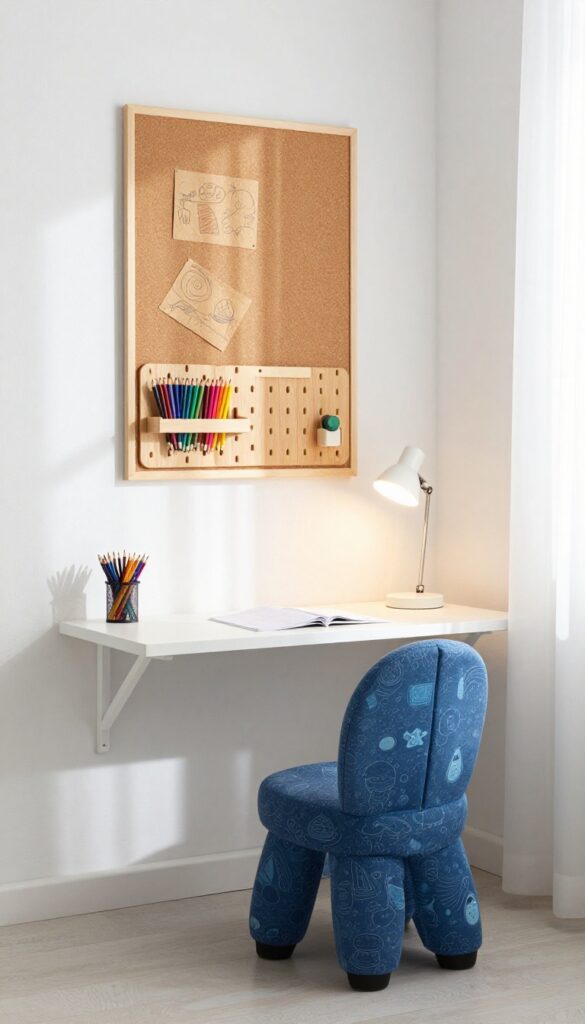 A clutter-free desk area in a boy's bedroom with a floating desk, pegboard organizer, task lamp, and colorful chair, designed to spark creativity.