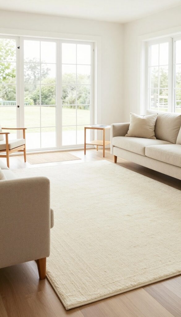 Open-plan living room with two rugs defining separate zones: a large cream wool rug under main seating and a smaller darker jute rug under a reading chair.