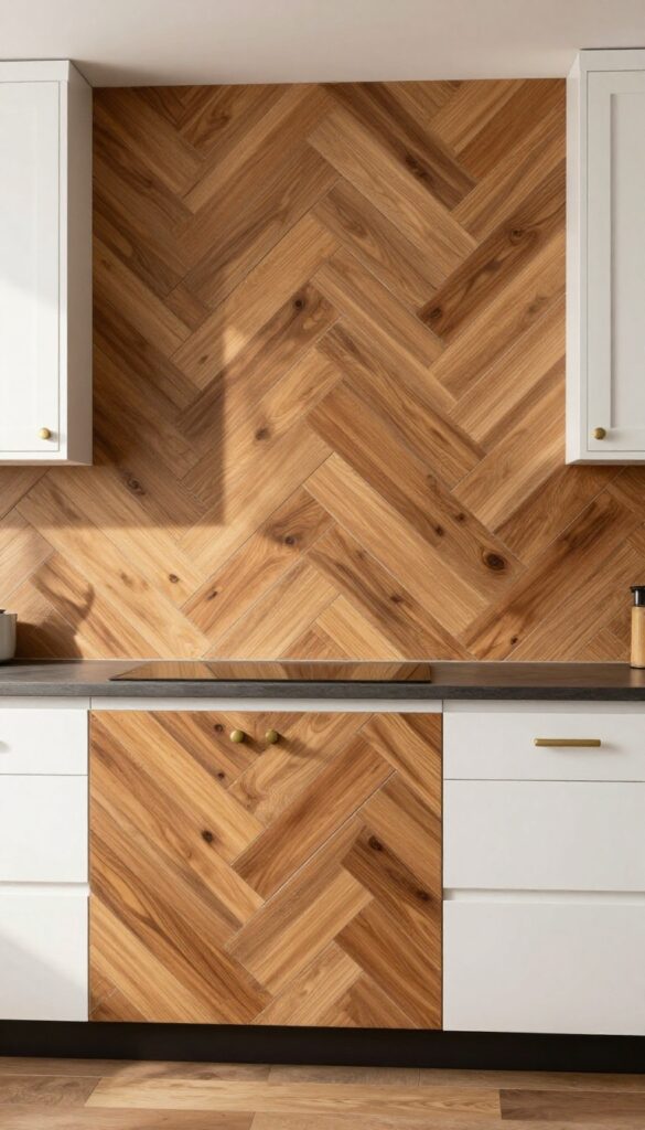 A rustic kitchen backsplash with a herringbone pattern in warm wood tones, paired with white cabinetry and natural light.