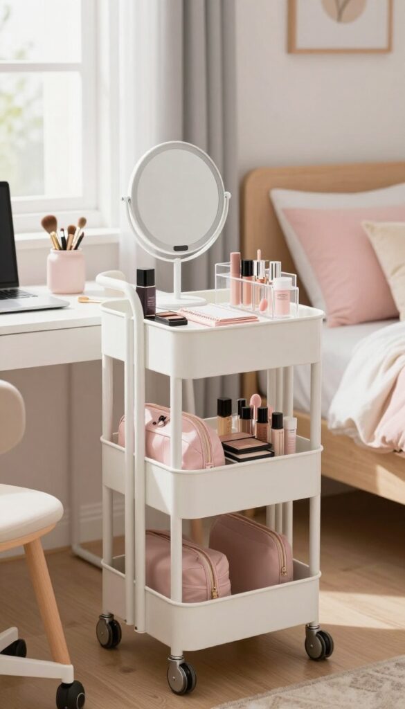 A white two-tier rolling cart used as a vanity station with a mirror and makeup items, next to a desk in a teenage girl's bedroom.