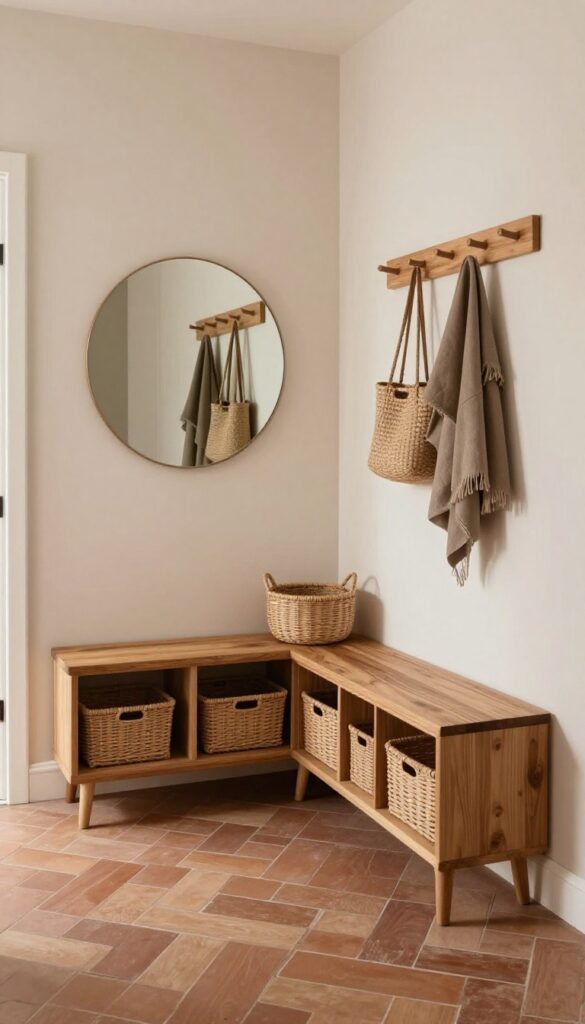 Terracotta tile entryway with storage bench, woven baskets, and mirror