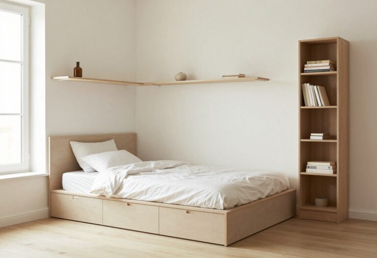 Small bedroom with platform bed, floating shelves, and tall bookcase in bright neutral tones