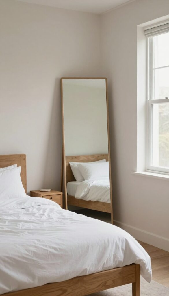 Small guest bedroom with a full-length mirror leaning against the wall, reflecting light and visually expanding the space.