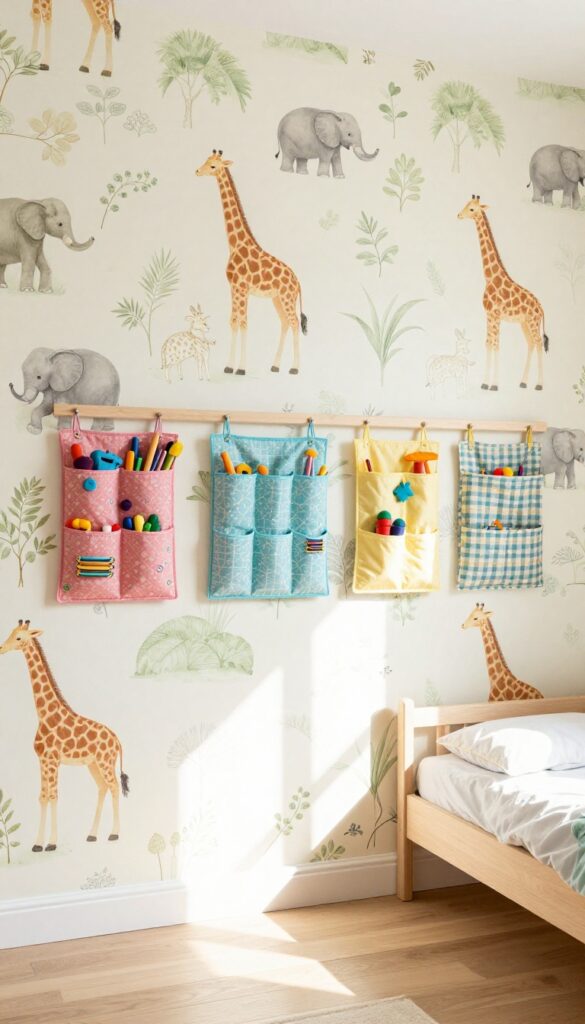 Kids bedroom with animal print wallpaper and hanging pocket organizers