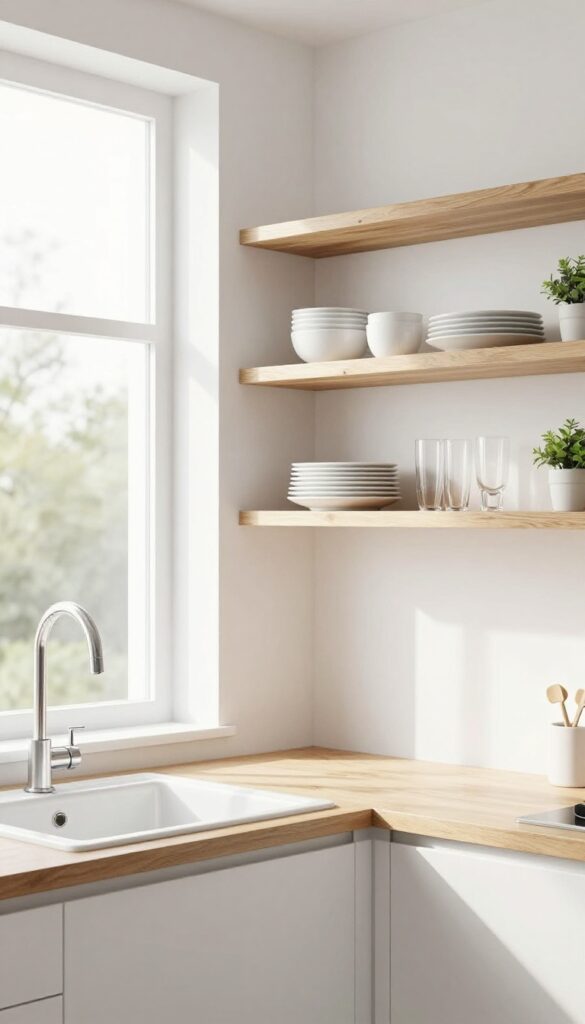 Open shelving above kitchen sink with stacked dishes and a plant, bright natural light