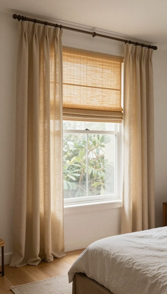 Layered window treatments with bamboo shades and beige linen drapes in a neutral bedroom
