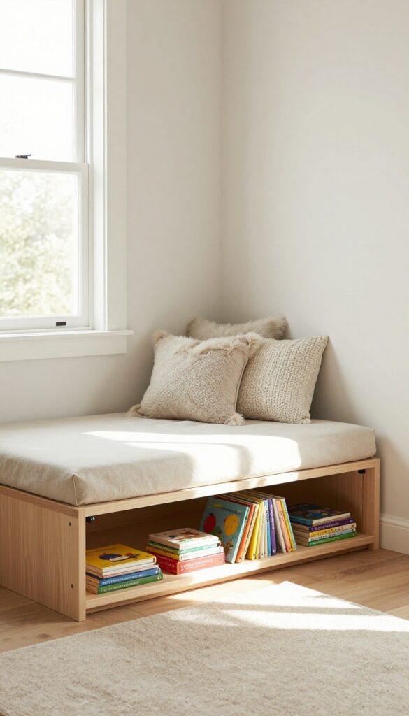 Built-in window seat with hidden toy storage in a baby boy's bedroom