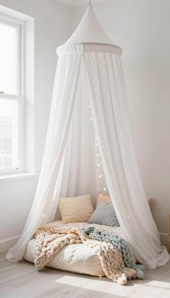 Shared canopy reading nook for a boy and girl bedroom with fairy lights and cushions