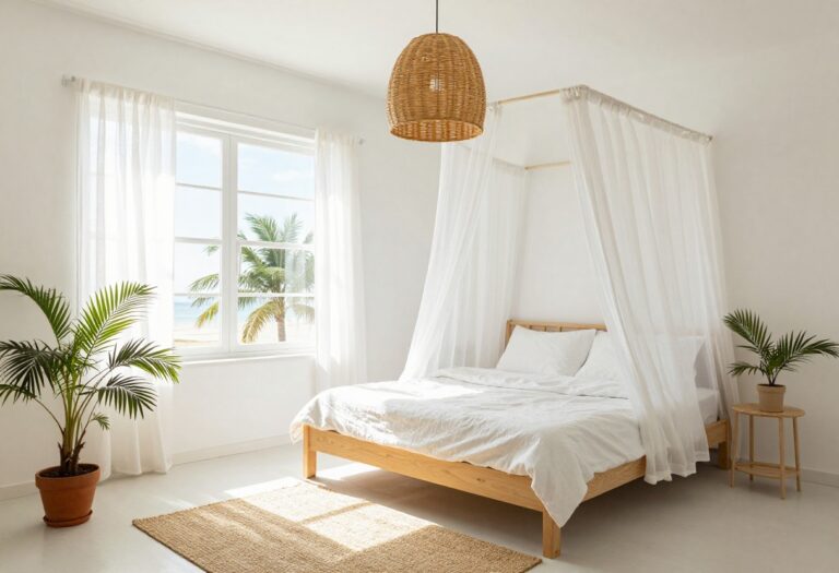 Light and airy beach bedroom with white linen bedding, rattan decor, and sheer curtains