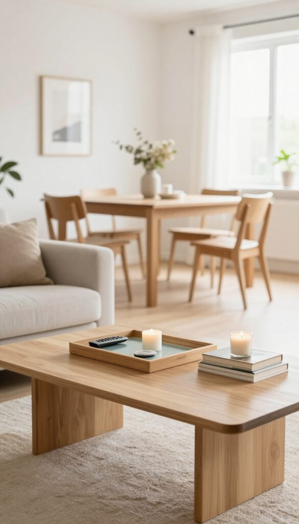 Low coffee table with glass top in open-plan living and dining room