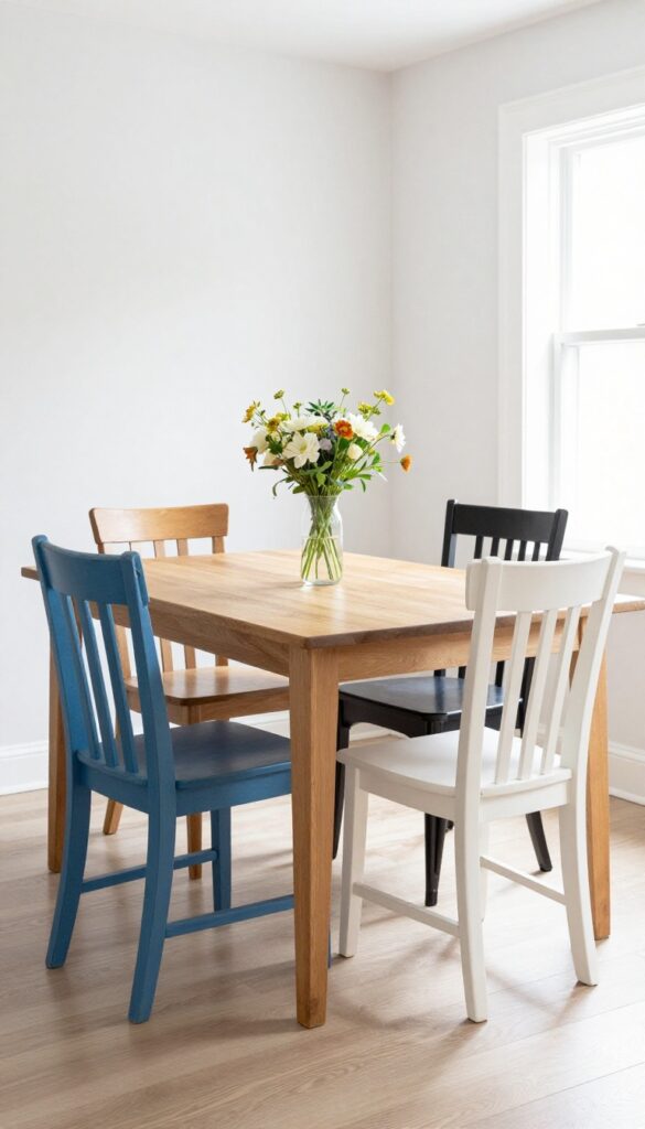 Kitchen with mismatched dining chairs around a wooden table, bright natural light, cozy and eclectic vibe.