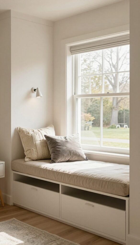 Custom built-in window seat with storage in a luxury kids bedroom