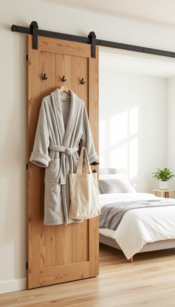 Small bedroom with sliding barn door featuring integrated hooks for storage, rustic-modern style, bright natural light
