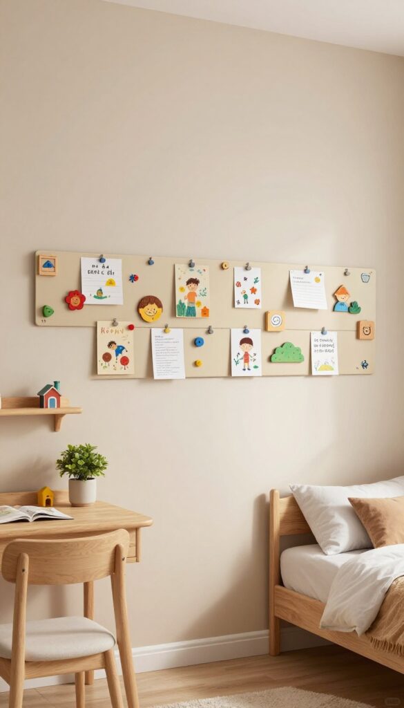 Boys bedroom with magnetic wall strip displaying art and notes, warm neutral tones, wooden ledge with plant and toy, bright natural light.