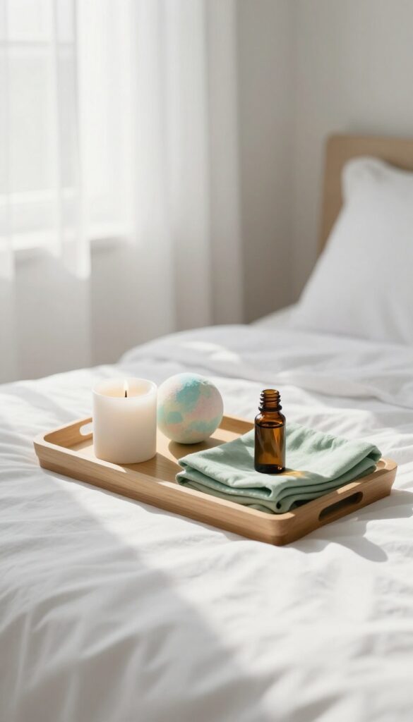 Guest room spa kit tray with candle, bath bomb, washcloth, and essential oil on a white bed