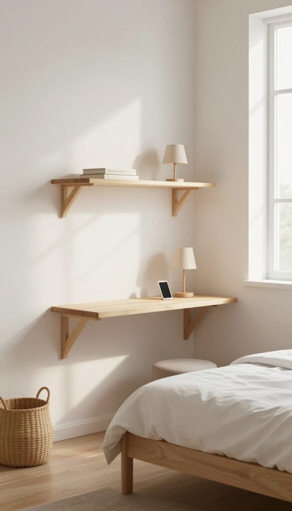 Small bedroom with a wall-mounted shelf serving as a nightstand, holding a lamp, phone, and book, with a basket underneath on the floor.