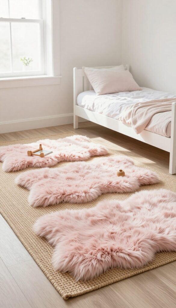 Layered rugs in a girls' bedroom, jute base with blush faux-fur top, cozy and inviting