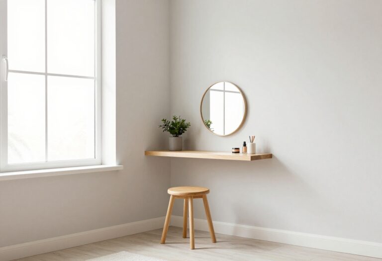 Small floating shelf vanity in a bedroom corner with mirror, plant, and stool