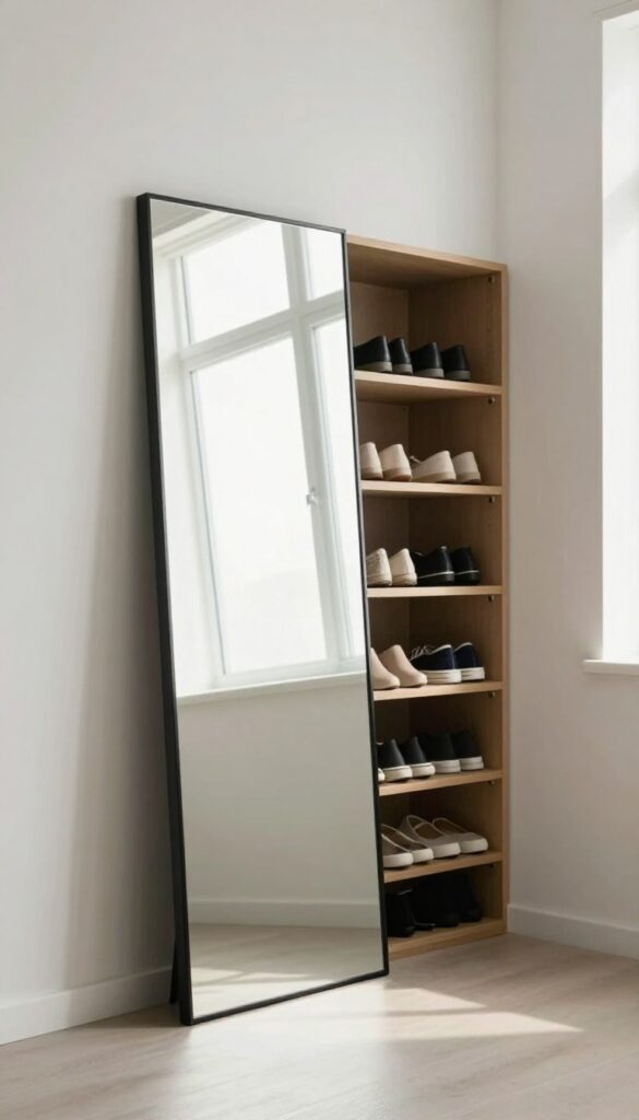 Full-length mirror swung open revealing hidden shoe rack in small bedroom