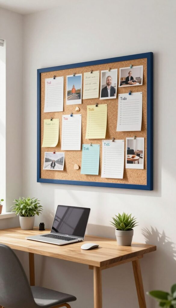 DIY cork board wall art in a small bedroom office with navy frame, pinned notes and photos, wooden desk, and natural light