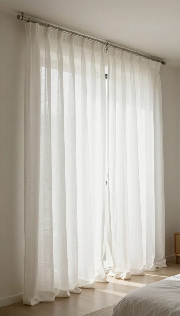 Small bedroom with high and wide white curtains making the window and room feel larger