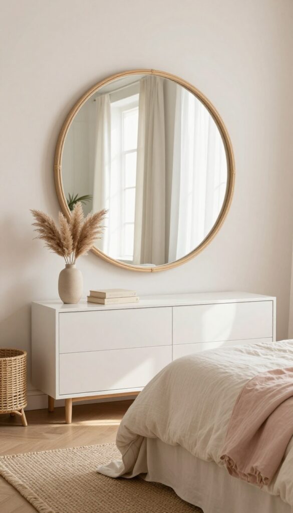 Small bedroom with a large round rattan mirror leaning against the wall, reflecting light, with a dresser and dried flowers.