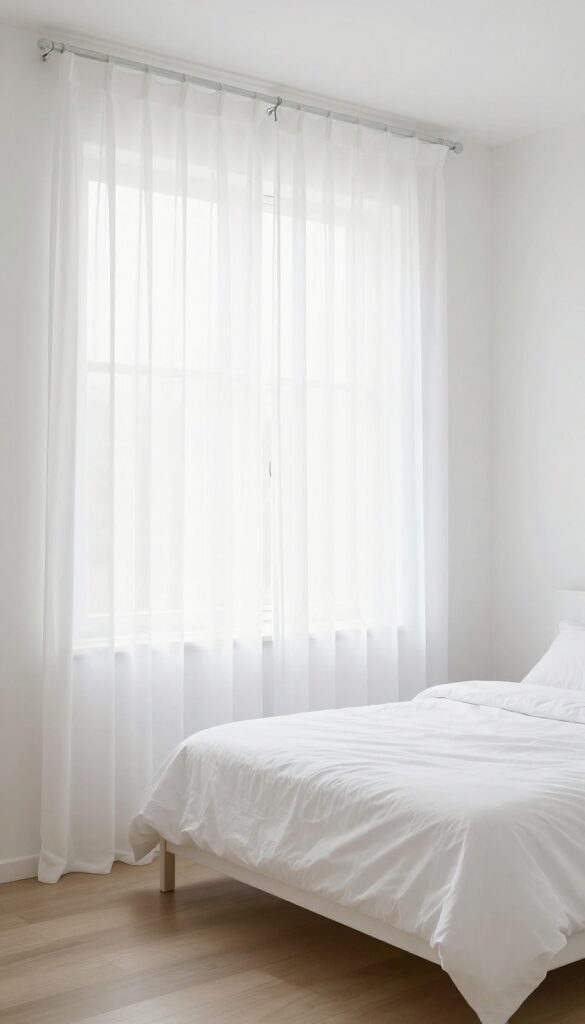 Small bedroom with sheer white curtains letting in soft natural light, making the room feel bigger and brighter.