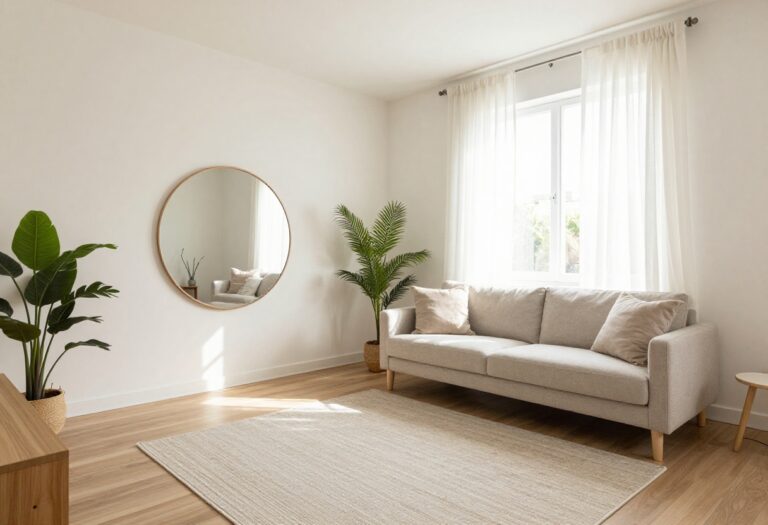 Cozy small apartment living room with mirror, sheer curtains, and layered rugs