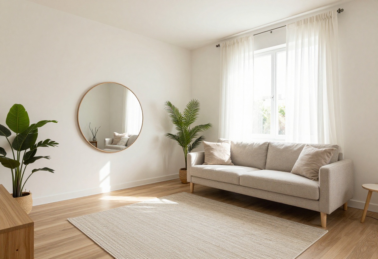 Cozy small apartment living room with mirror, sheer curtains, and layered rugs