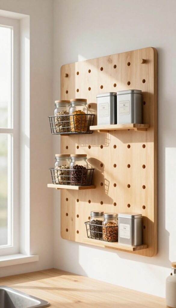 Pegboard with small baskets and jars as a kitchen spice storage solution