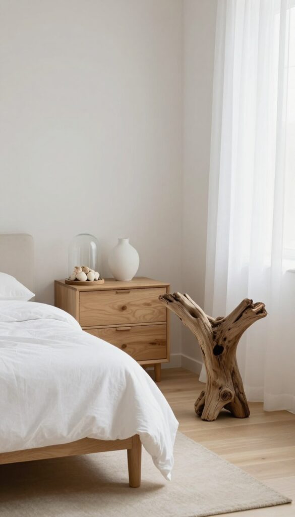 Minimalist beach bedroom with driftwood and shell decor in natural light