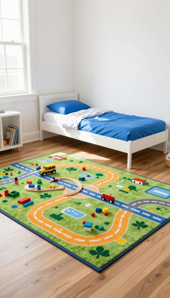 A little boy's bedroom with a large road map rug under a twin bed, toys on the rug, and natural light from a window.