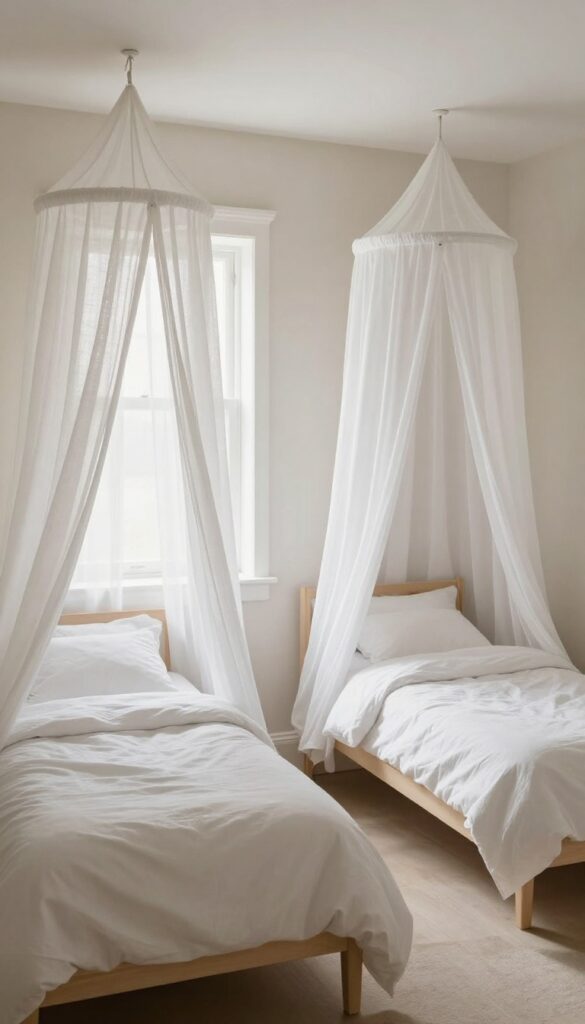 Two twin beds with ceiling-mounted white linen canopies in a bright, small shared bedroom, creating personal nooks without walls.