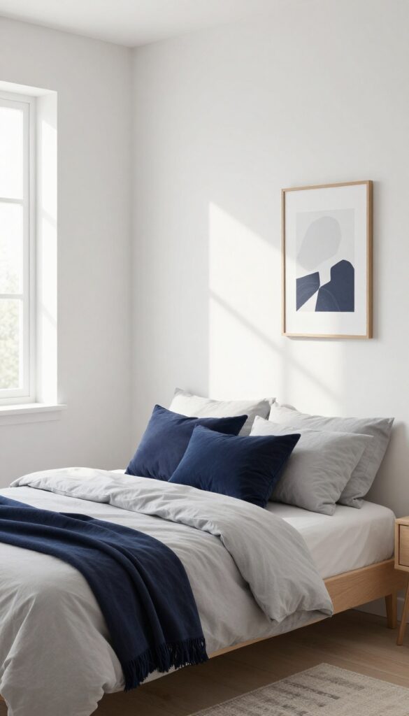 Teenage boy's bedroom with neutral palette and navy accent color, small-space friendly, grown-up edge.