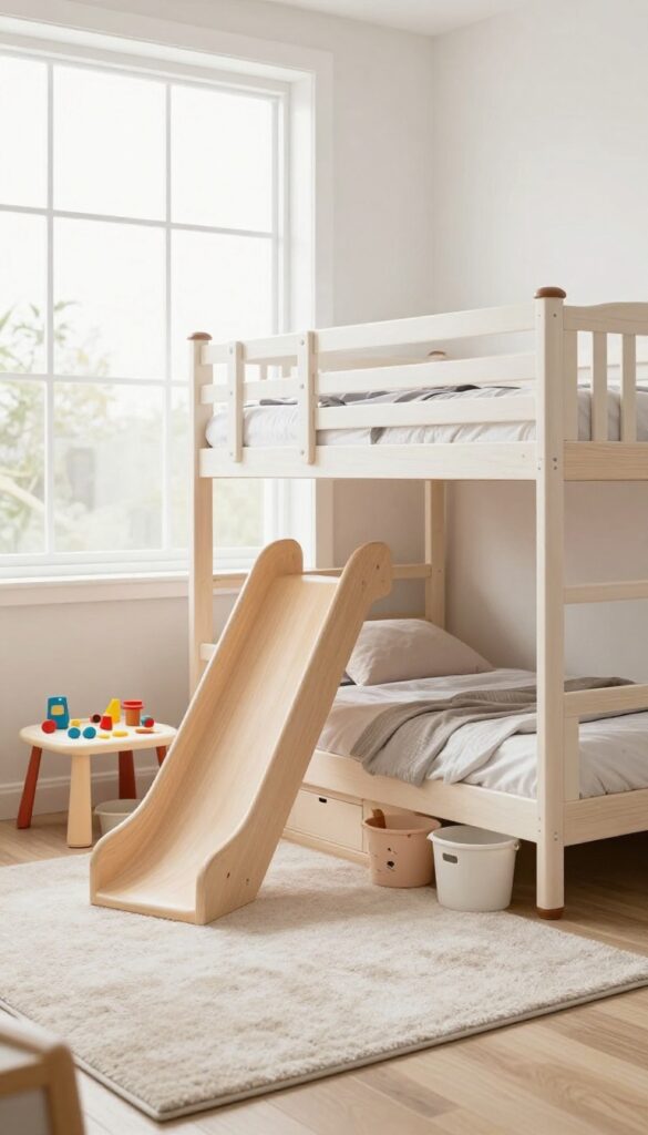 Bunk bed with slide-out play area under bottom bunk, toy bins and train table on rolling platform, bright natural light, clean composition.