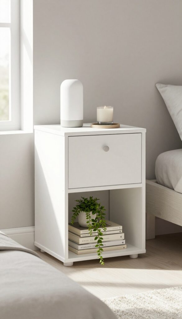 A wooden crate nightstand with open shelving, holding a lamp, books, and a plant in a bright bedroom.