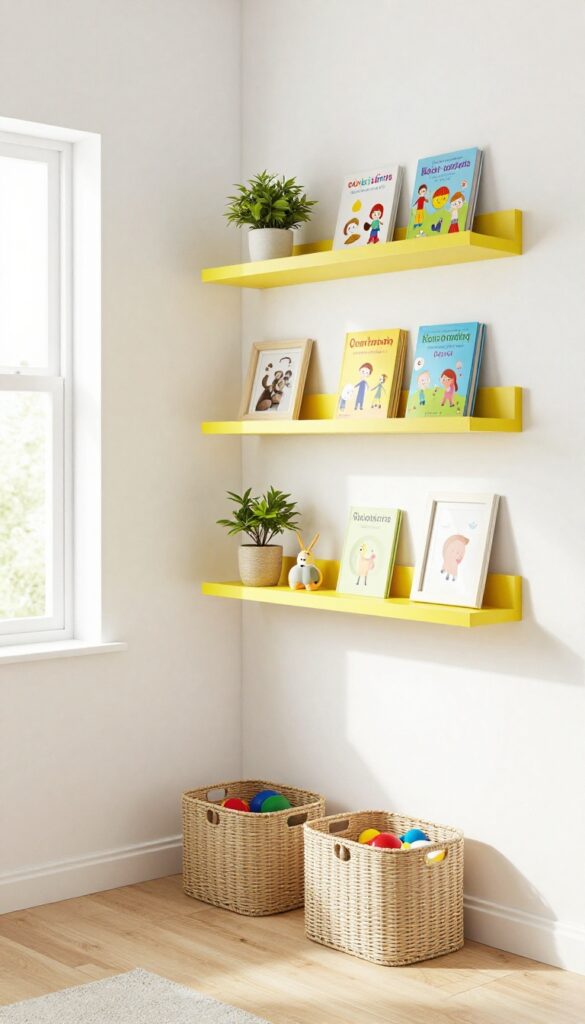 Bright children's bedroom with sunny yellow floating shelves at varying heights, holding books, a plant, and neutral woven bins, natural light, photorealistic interior design.