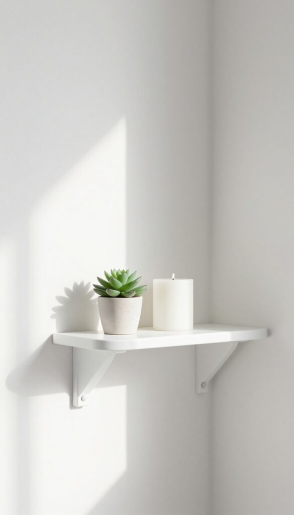 A small white corner shelf in a guest toilet holding a succulent and a candle, with natural light.