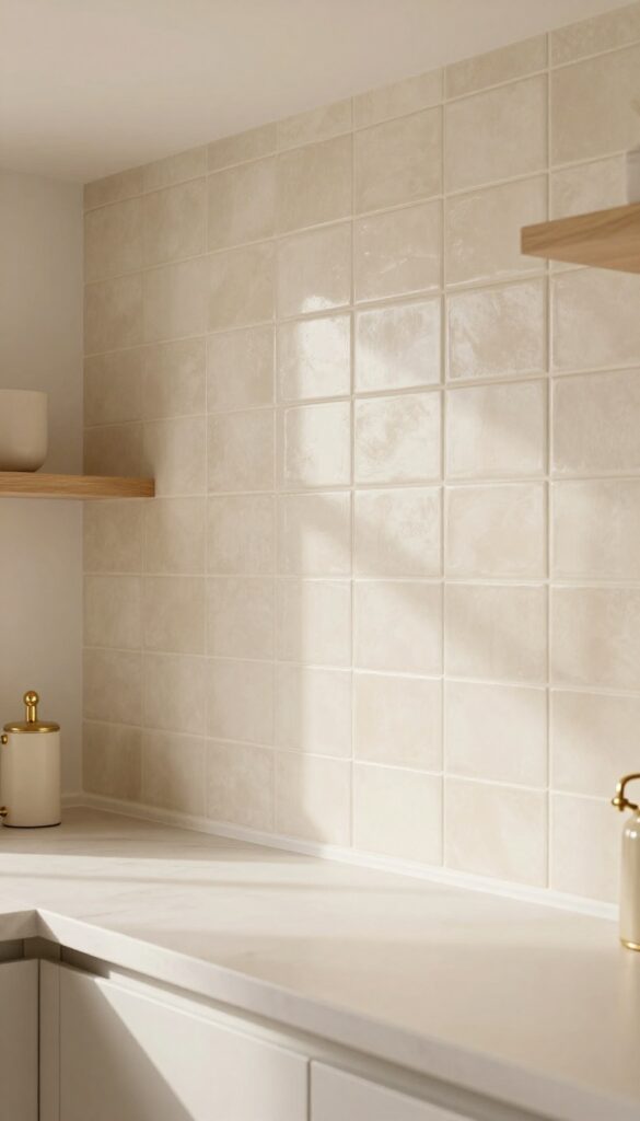 Vertical stacked subway tile backsplash in a modern kitchen with natural wood shelving and brass fixtures.