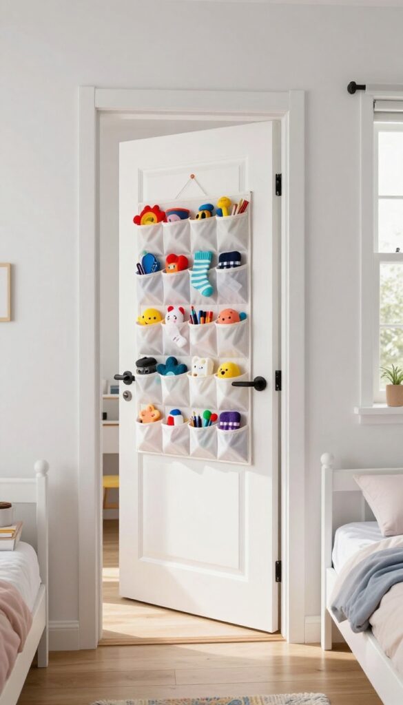 Over-the-door shoe organizer filled with kids' small items in a light, airy bedroom