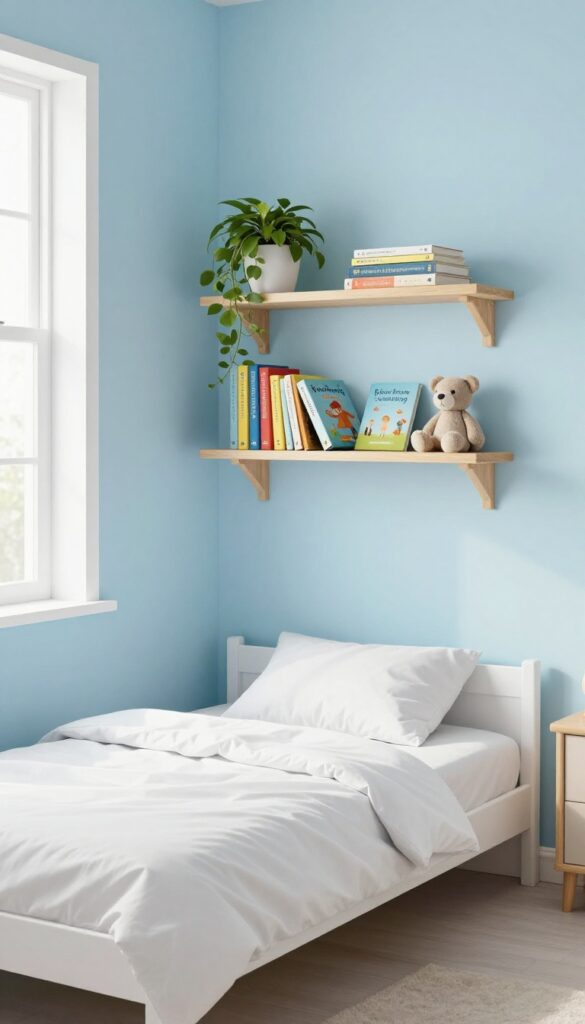 Floating shelves as a headboard in a small kids' bedroom with books, plant, and stuffed animal.