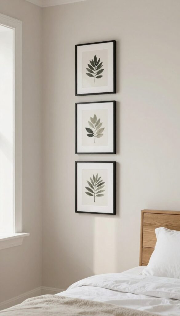 Vertical gallery wall in a small bedroom with framed prints in a single column beside a low dresser, bright natural light, airy and spacious feel.