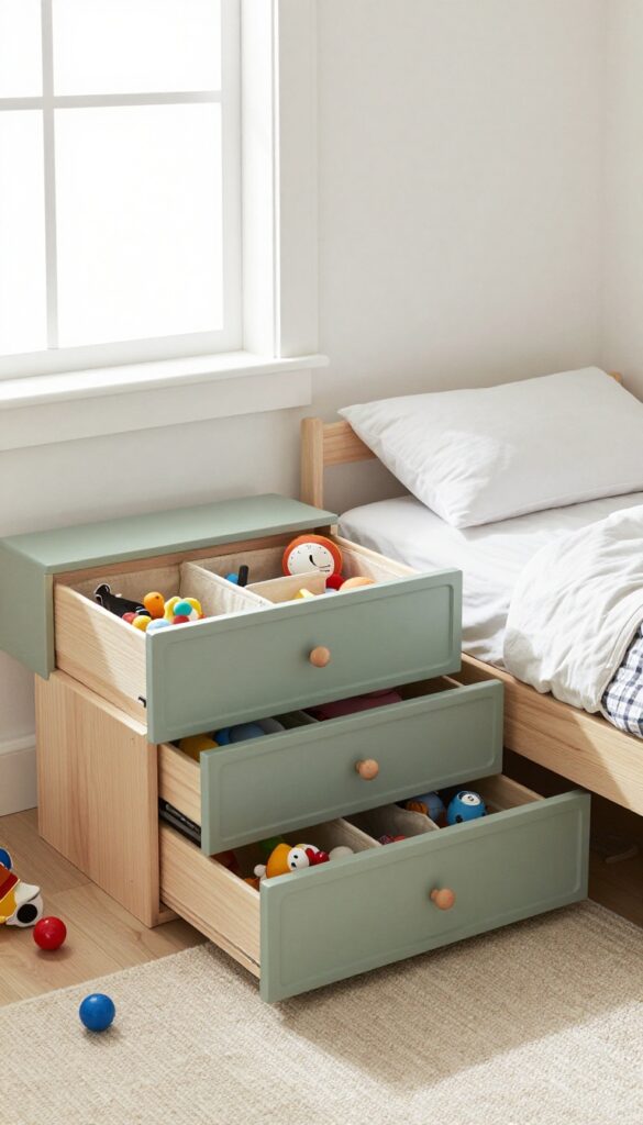 Under-bed drawers for toy storage in a boy's bedroom