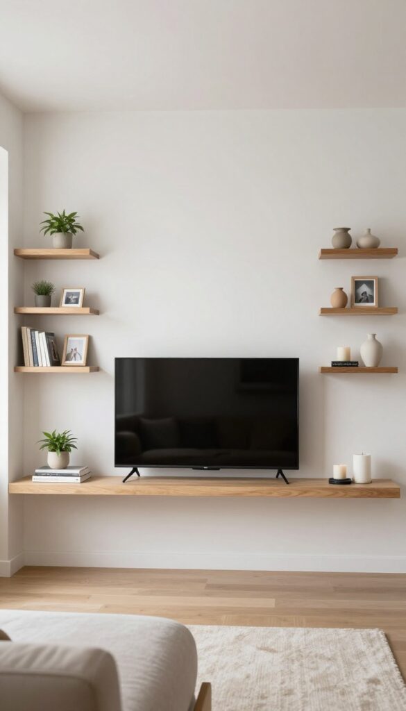 Bedroom TV mounted on wall with floating shelves on both sides, styled with plants, books, and decor for a built-in look.