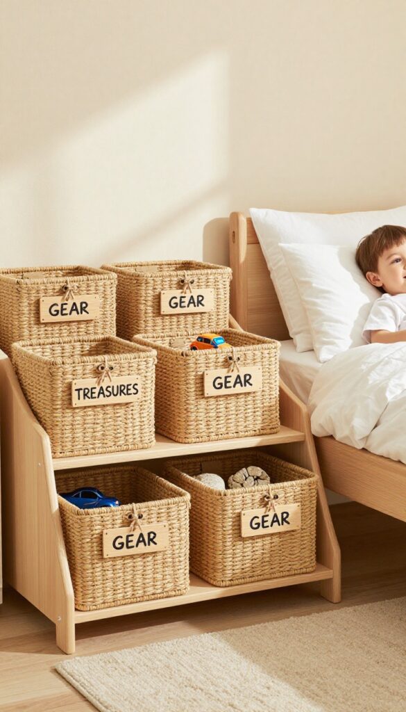 Under-bed storage bins with adventure labels in a toddler boy's bedroom